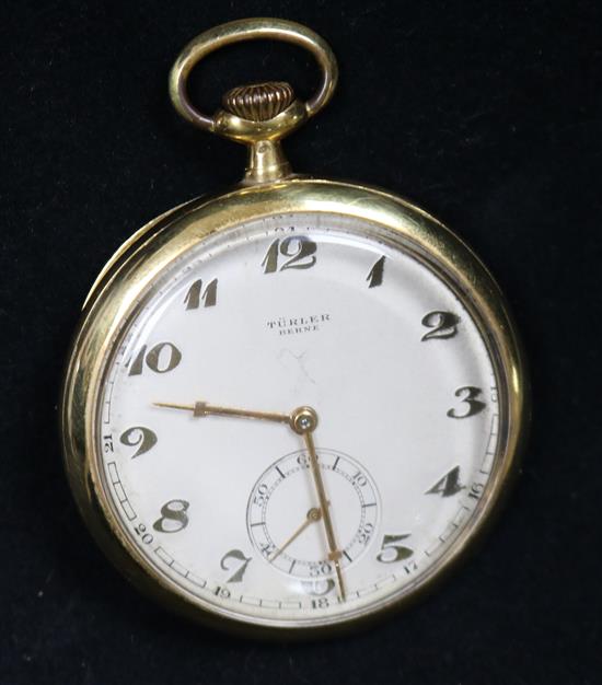An 18ct gold Turler keyless lever pocket watch with Arabic dial and subsidiary seconds.